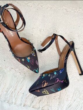 Kurt Geiger Black Satin Pointed Heart-Print Ankle-Strap Heels